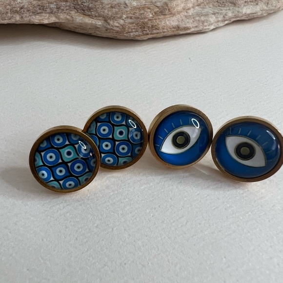 Gold Evil Eye Stud Earrings - Trendy Boho Chic Small Earrings - Stylish Studs - Picture 8 of 14
